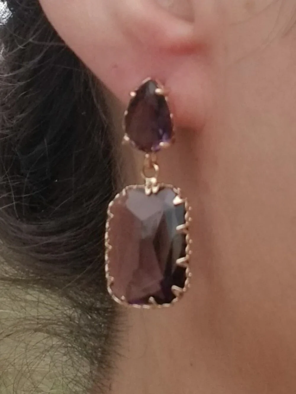 14k Gold Amethyst Stud Earrings, Rectangular Amethyst Dangle Earrings
